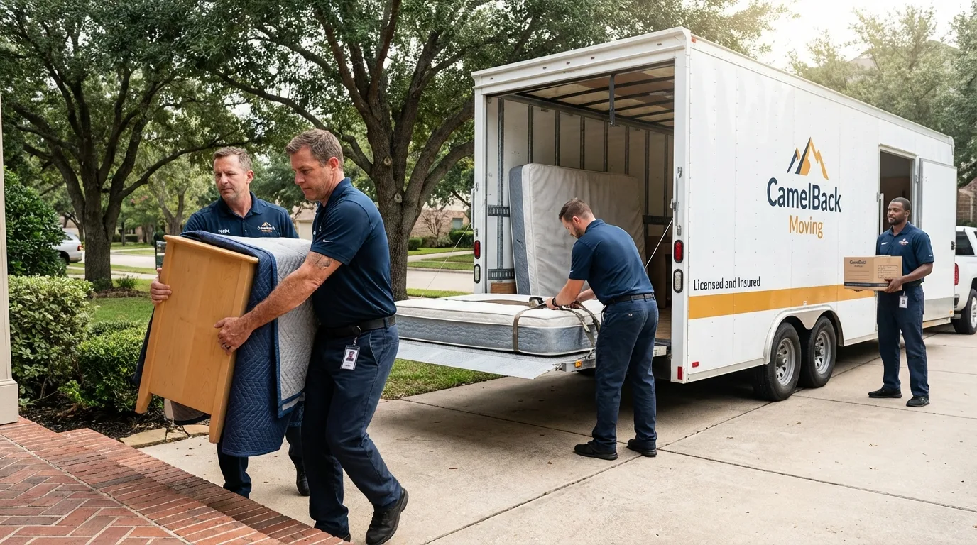 Crew loading residential truck for cross-state move from Buckfield, ME