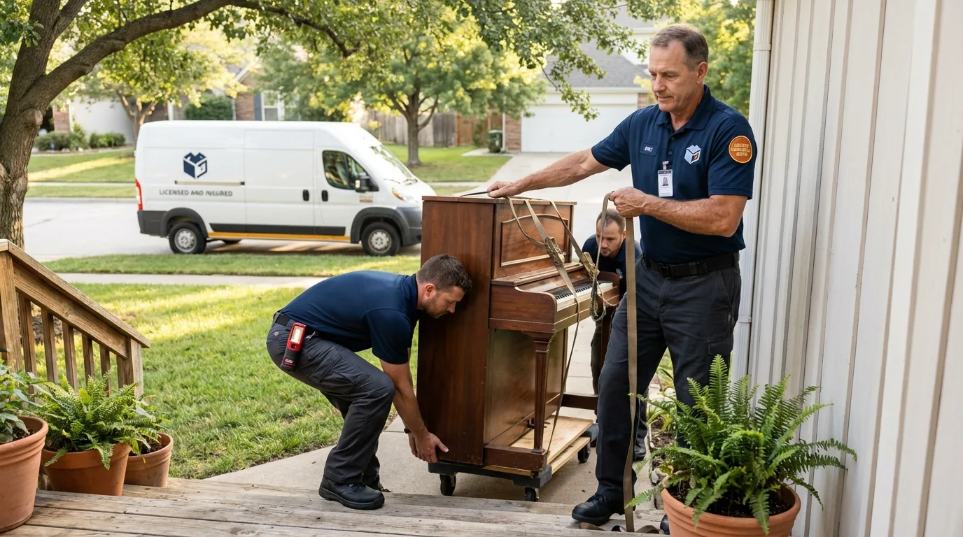 Licensed piano movers securing grand piano in Buckfield, ME