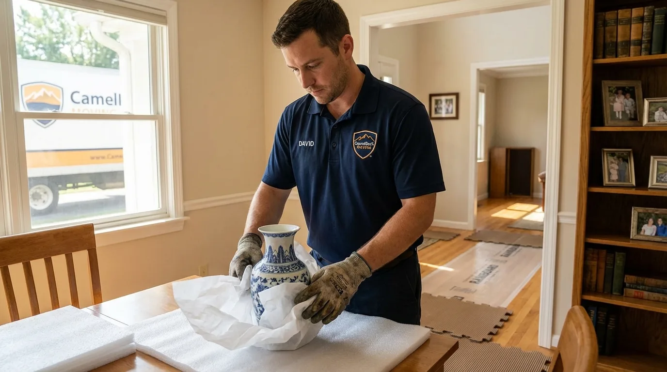 Professional crew carefully wrapping antique vase for senior downsizing move in Buckfield, ME
