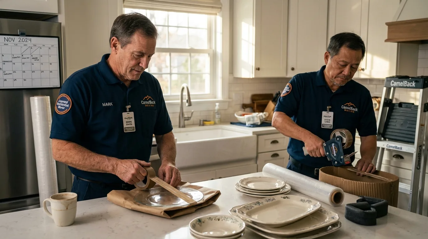 Professional crew packing kitchen dishware in Buckfield, ME